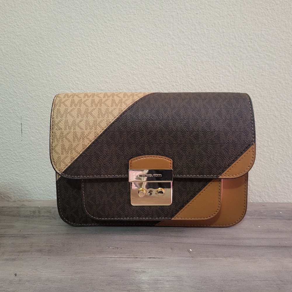 Michael Kors brown and white Sloan Editor leather satchel/bag with gold hardware